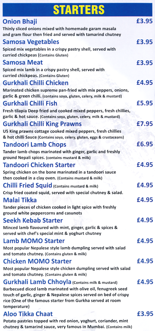 Menu for Gurkha Express Nepalese and Indian restaurant and takeaway in Beeston near Nottingham