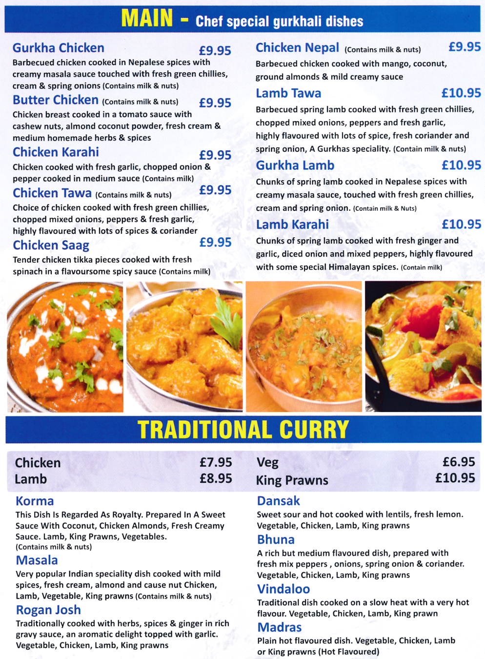 Menu for Gurkha Express Nepalese and Indian cuisine restaurant, takeaway and delivery in Beeston