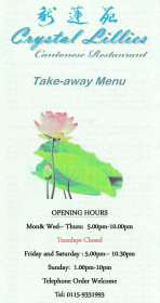 Takeaway menu for Crystal Lillies Chinese restaurant on Shelford Road in Radcliffe-On-Trent NG12 2AG