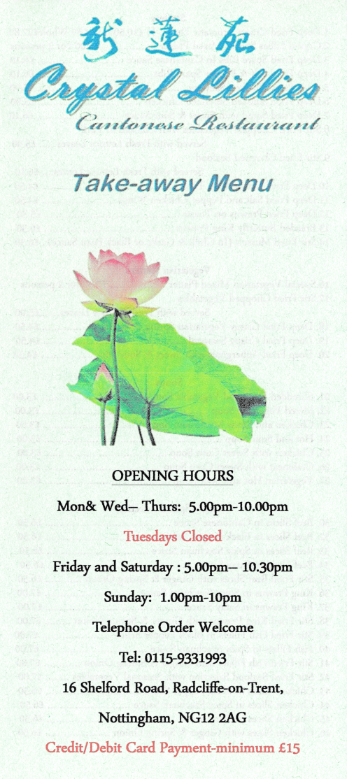 Takeaway menu for Crystal Lillies Cantonese restaurant in Radcliffe-On-Trent