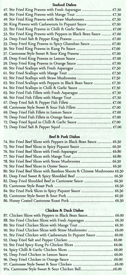 Takeaway menu for Crystal Lillies - Cantonese Style Roast Pork, Deep Fried Fish Fillets in Lemon Sauce, Cantonese Style Sweet & Sour Chicken Balls, Deep Fried Chicken in Orange Sauce..