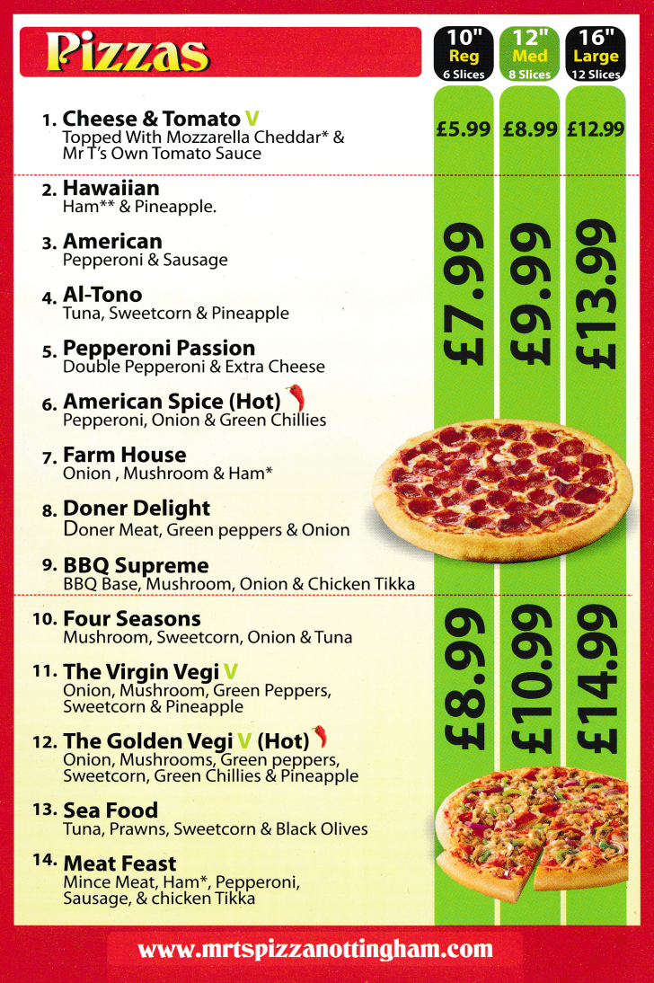 Menu For Mr T's Pizza - Farm House Pizza, Four Seasons Pizza, Seafood Pizza, Meat Feast Pizza, Hawaiian Pizza..