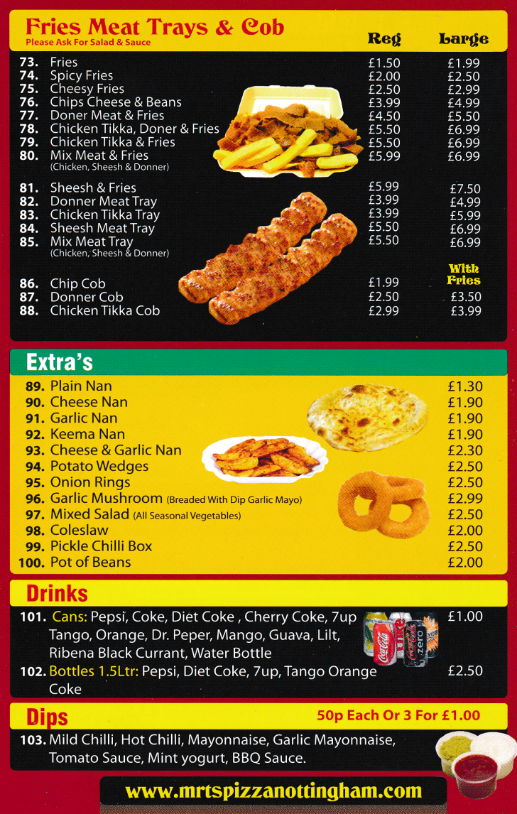 Menu For Mr T's Pizza - Meat Trays, Nan Breads, Cheesy Fried, Donner Cob, Chicken Tikka, Doner & Fries..