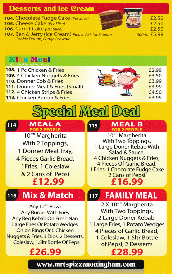 Menu For Mr T's Pizza - Pizza and fast food takeaway on Bagnall Road in Basford, Nottingham NG6 0JX