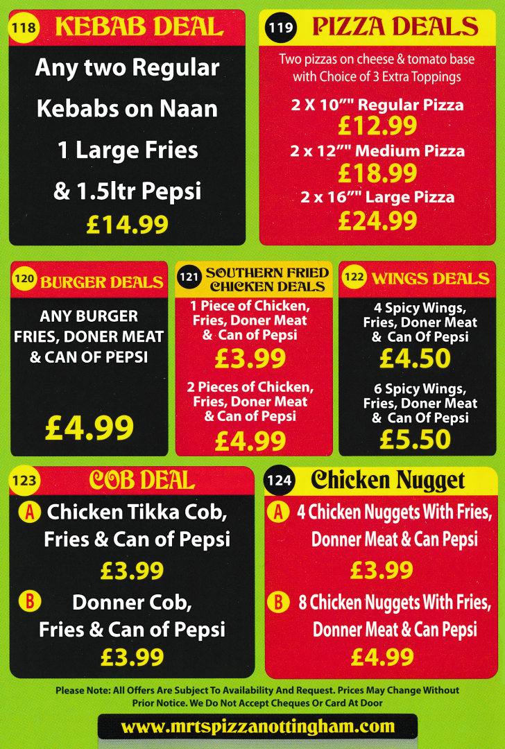 Menu For Mr T's Pizza - Meal Deals, Pizza Deals, Kebab, Burger and Southern Fried Chicken Deals..