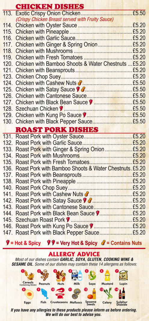 Menu for Sue's Kitchen - Szechuan Chicken, Roast Pork with Kung Po Sauce, Chicken Chop Suey, Roast Pork with Pineapple..