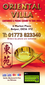 Menu for Oriental Villa Chinese and Cantonese cuisine takeaway on Market Place in Belper