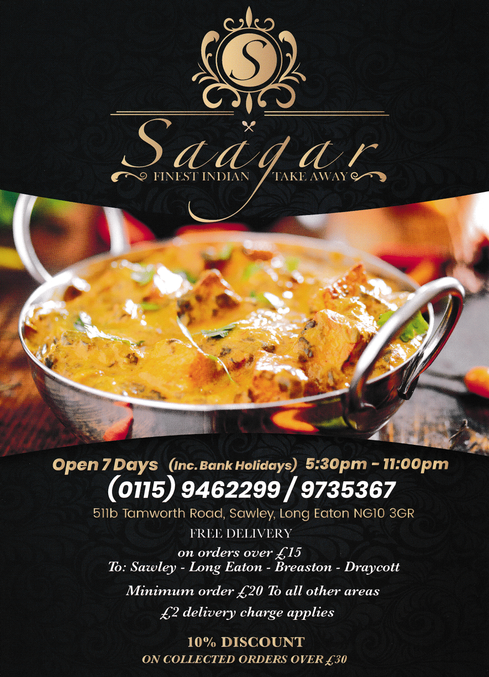Menu for Saagar Indian cuisine takeaway in Sawley near Long Eaton