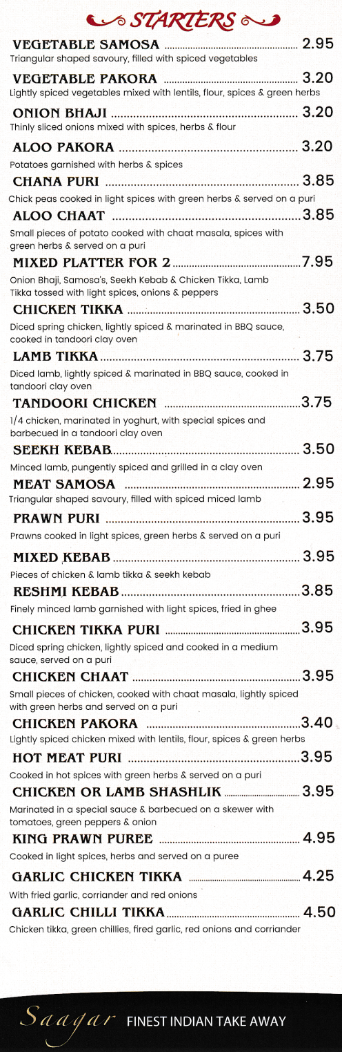 Menu for Saagar Indian takeaway and delivery in Sawley near Long Eaton
