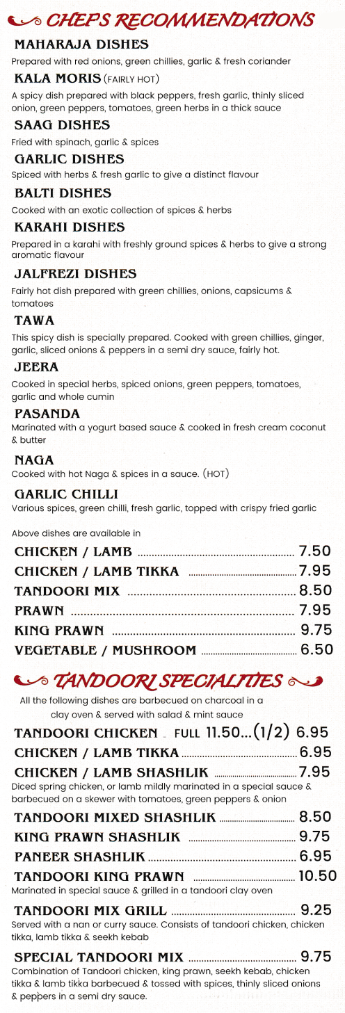 Menu for Saagar Indian food takeaway and delivery in Sawley near Long Eaton