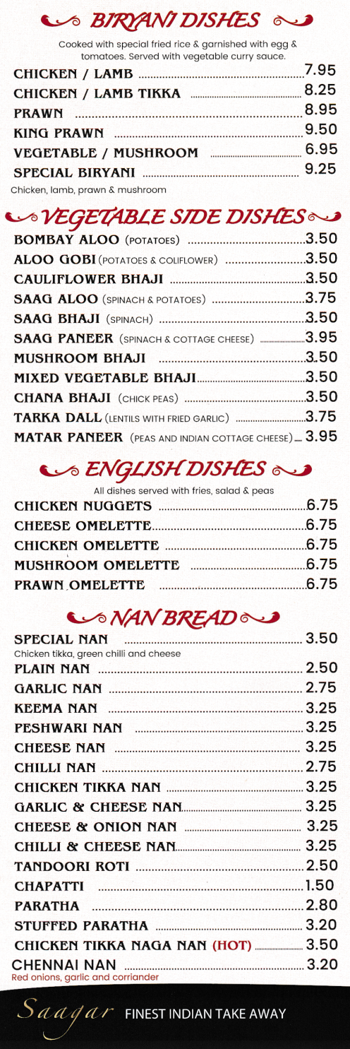 Menu for Saagar Indian food takeaway and delivery in Sawley near Long Eaton