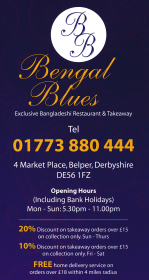 Takeaway menu for Bengal Blues restaurant on Market Place in Belper, Derbyshire DE56 1FZ
