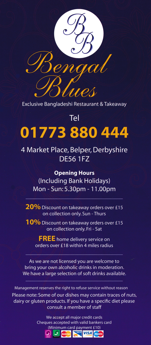 Takeaway menu for Bengal Blues Bangladeshi restaurant and takeaway on Market Place in Belper, Derbyshire DE56 1FZ