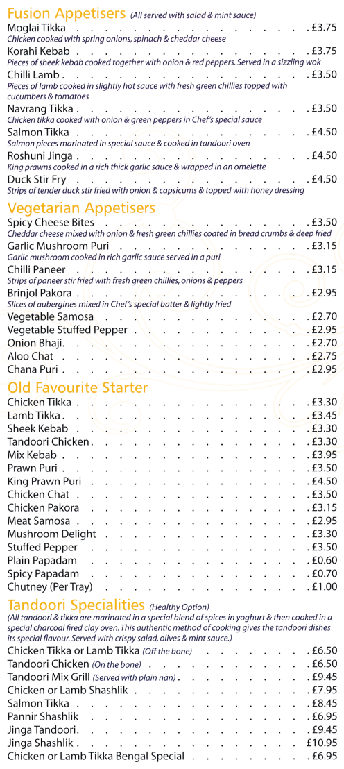 Takeaway menu for Bengal Blues Bangladeshi restaurant and takeaway on Market Place in Belper, Derbyshire DE56 1FZ