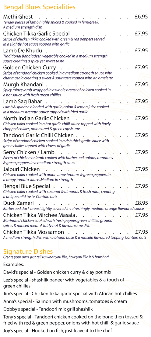 Takeaway menu for Bengal Blues Bangladeshi restaurant and takeaway on Market Place in Belper, Derbyshire DE56 1FZ