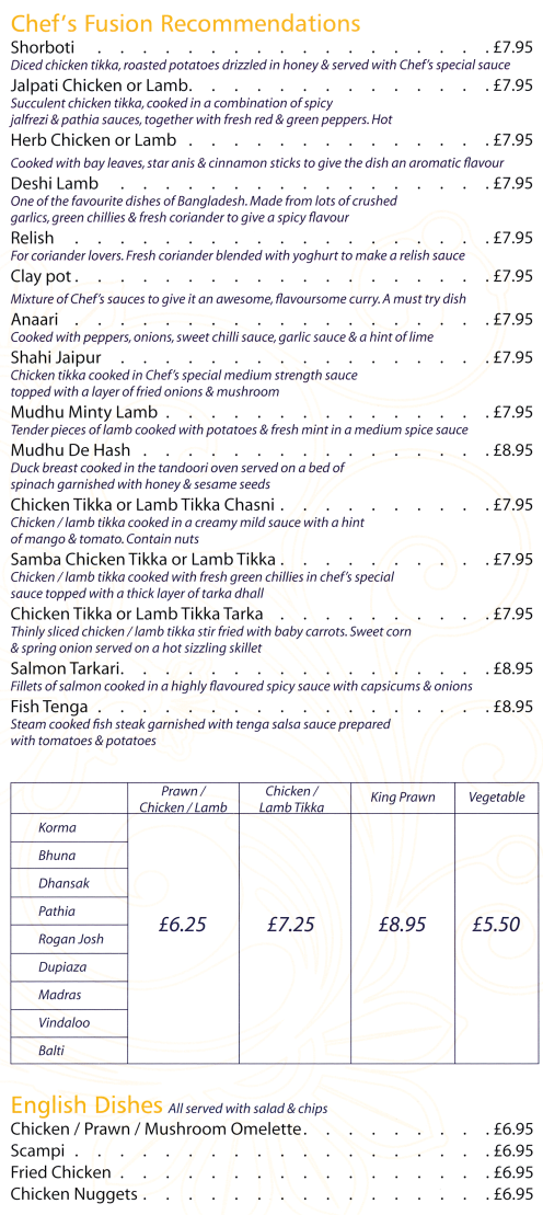 Takeaway menu for Bengal Blues Bangladeshi restaurant and takeaway on Market Place in Belper, Derbyshire DE56 1FZ