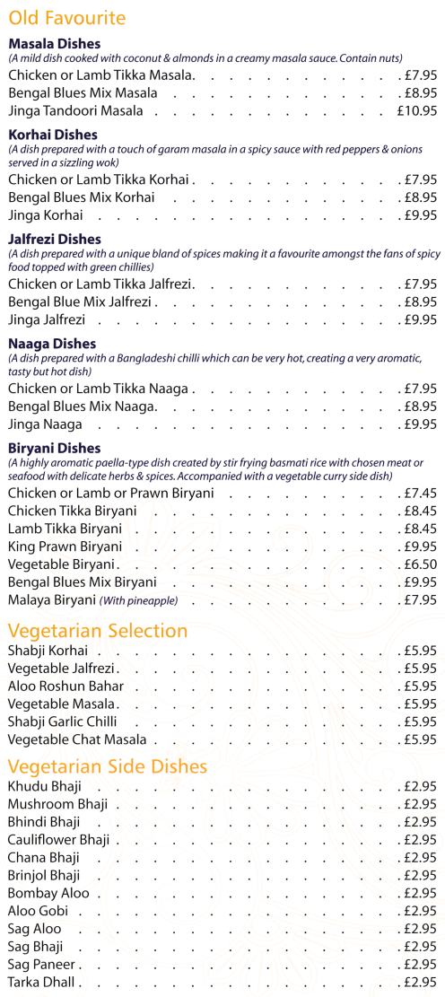 Takeaway menu for Bengal Blues Bangladeshi restaurant and takeaway on Market Place in Belper, Derbyshire DE56 1FZ