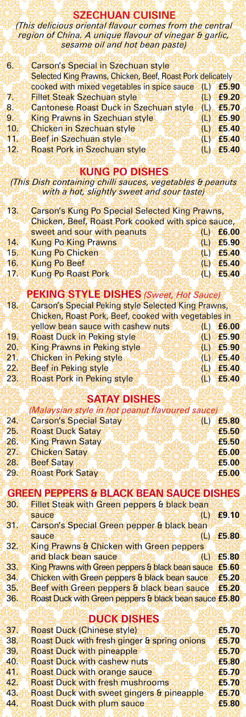 Menu for Carsons (Kung Po Chicken, Beef Satay, Roast Duck with Orange Sauce, King Prawns in Szechuan Style..)