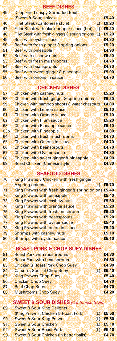 Menu for Carsons Cantonese, Peking and Szechuan takeaway in Rainworth near Mansfield