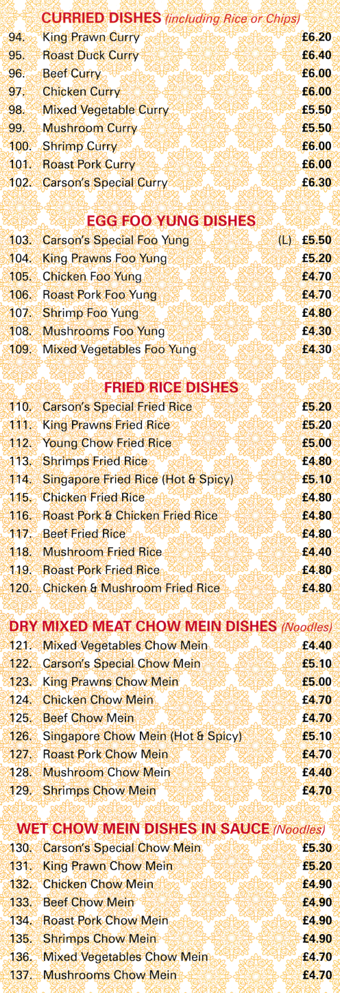 Menu for Carsons (Chicken Foo Yung, Singapore Chow Mein, Mushroom Curry, Sweet & Sour Roast Pork, Beef Chop Suey..)