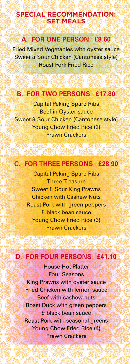 Menu for Carsons Chinese and Cantonese cuisine takeaway and delivery in Rainworth near Mansfield
