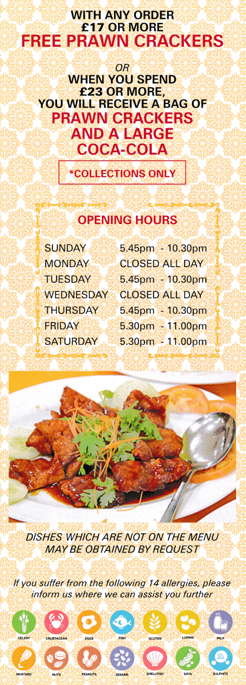 Menu for Carsons Chinese takeaway and delivery in Rainworth near Mansfield