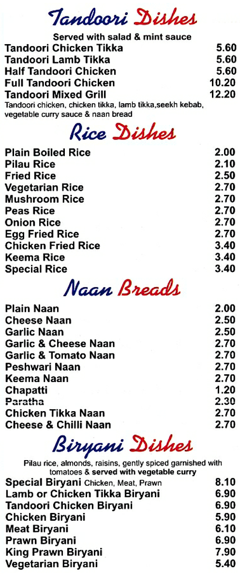Menu for Castle Pizzas (Tandoori Chicken Biryani, Peshwari Naan, Korma, Dansak, Bhuna, Madras..)