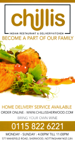 Takeaway menu for Chillis Indian restaurant on Mansfield Road in Sherwood near Nottingham NG5 2JN