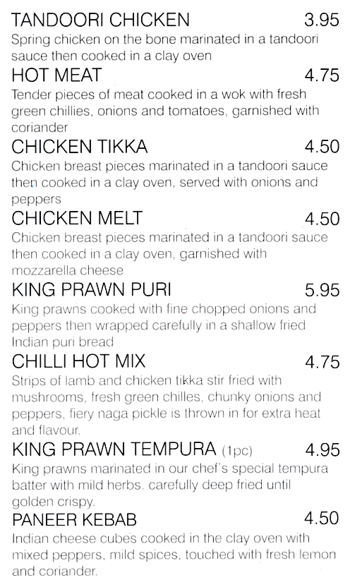 Menu for Chillis Indian restaurant and takeaway in Sherwood, Nottingham