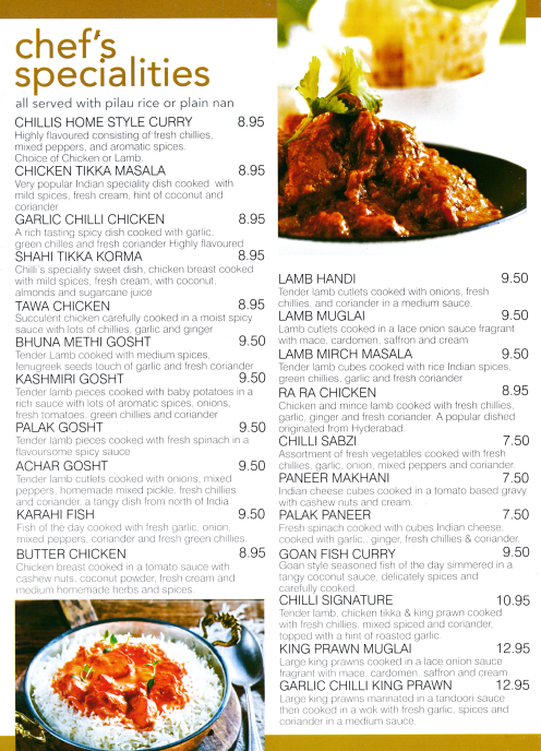 Takeaway menu for Chillis Indian restaurant in Sherwood Nottingham