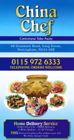 Menu for China Chef Chinese food takeaway on Grasmere Road in Long Eaton NG10 4DZ