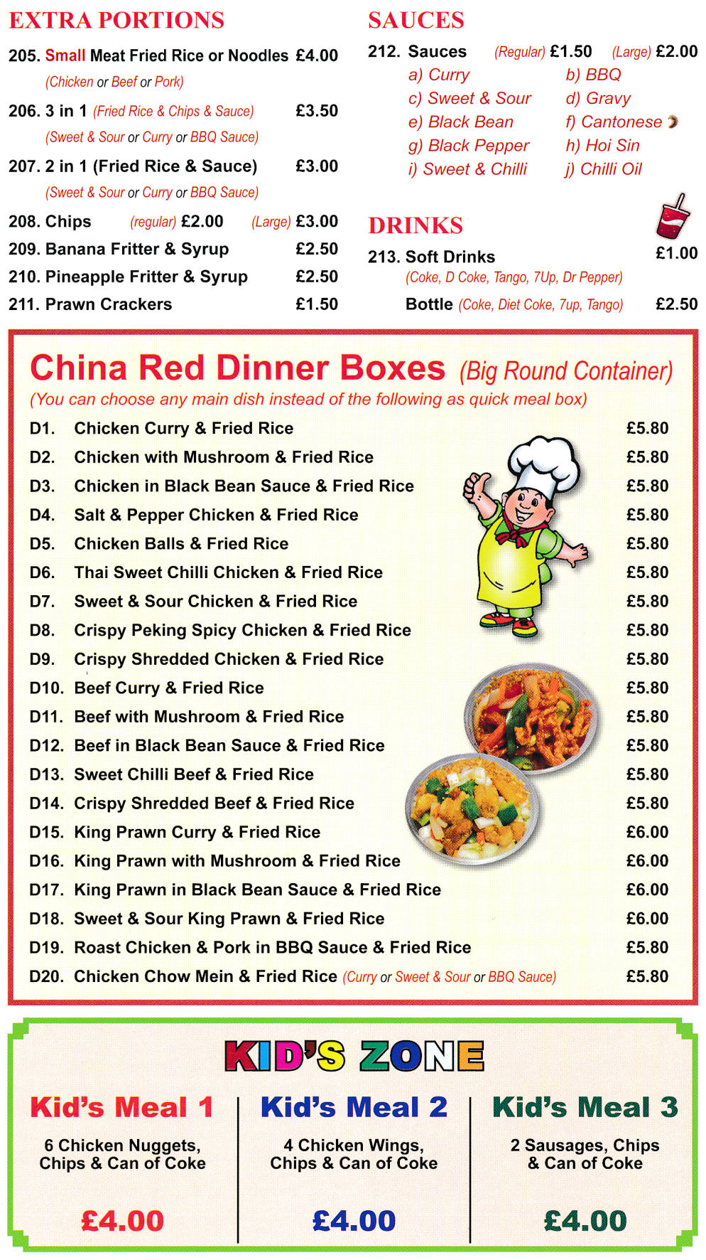 Menu for China Red Chinese food takeaway on Nuthall Road in Nottingham NG8 5BU