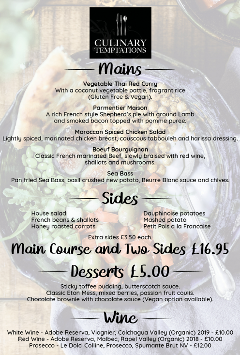 Menu for Culinary Temptations - Vegetable Thai Red Curry, Bouef Bourguignon, Sea Bass, Moroccan Spiced Chicken Salad, Paramentier Maison..