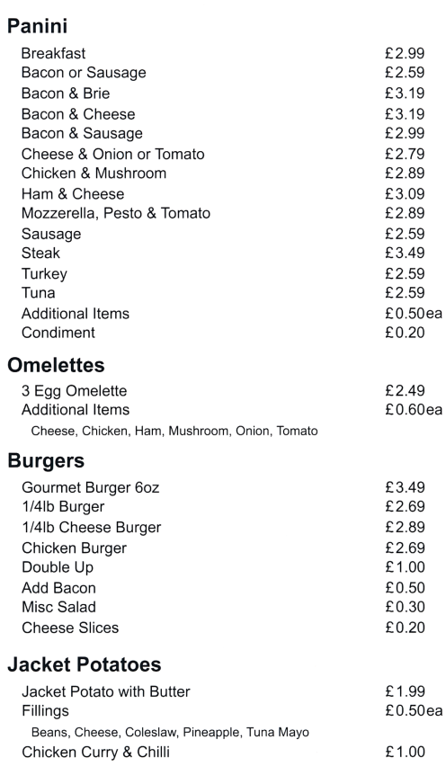 Menu for Food 2 U Sandwich Bar (Panini's, Burgers, Jacket Potatoes, Omelettes, Rolls, Sandwiches..) in Long Eaton