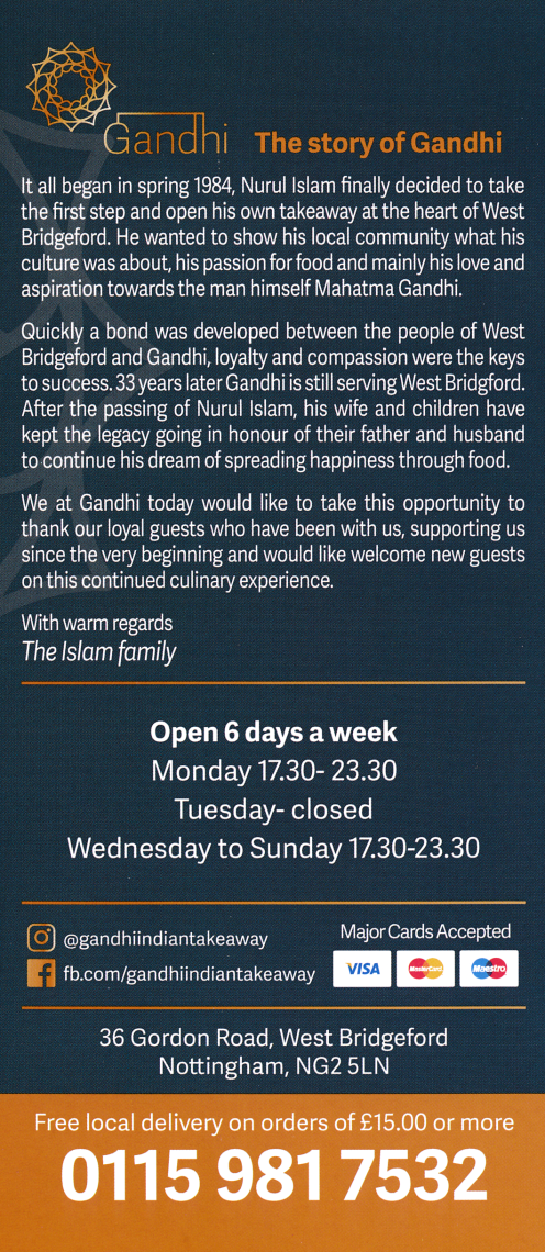 Menu for Gandhi Indian takeaway on Gordon Road in West Bridgford near Nottingham