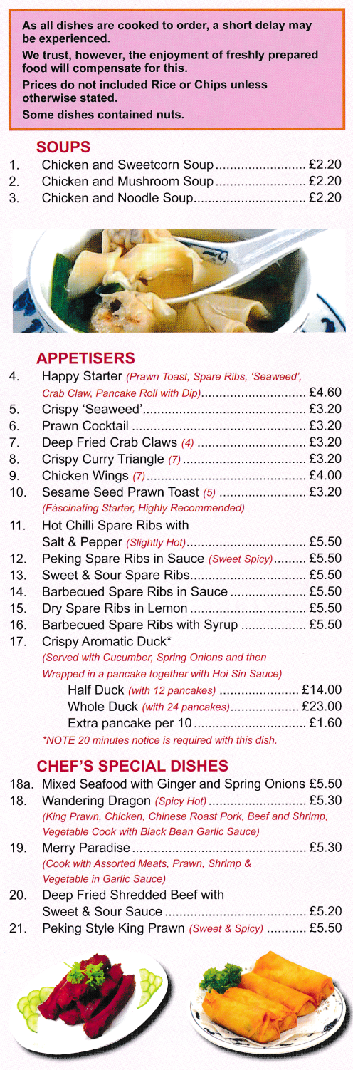 Menu for Golden Ocean (Crispy Aromatic Duck, Wandering Dragon, Peking Style King Prawn, Spare Ribs, Special Satay..)