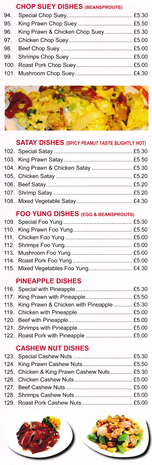 Menu for Golden Ocean Chinese takeaway (Satay, Foo Yung, Cashew Nut, Orange Sauce, Szechuan Sauce dishes..)
