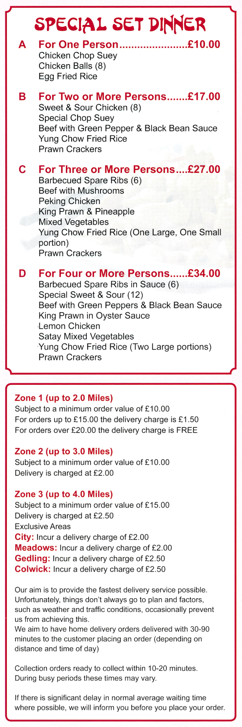 Menu for Golden Ocean Chinese food takeaway on Carlton Road in Nottingham