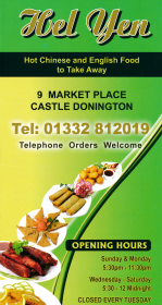 Menu for Hel Yen Chinese food takeaway on Market Place in Castle Donington DE74 2JB
