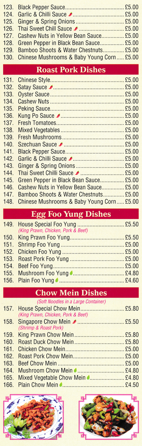 Menu for Hot Wok Chinese takeaway (Satay, Szechuan, Kung Po, Oyster Sauce, Cashew Nuts Dishes..)