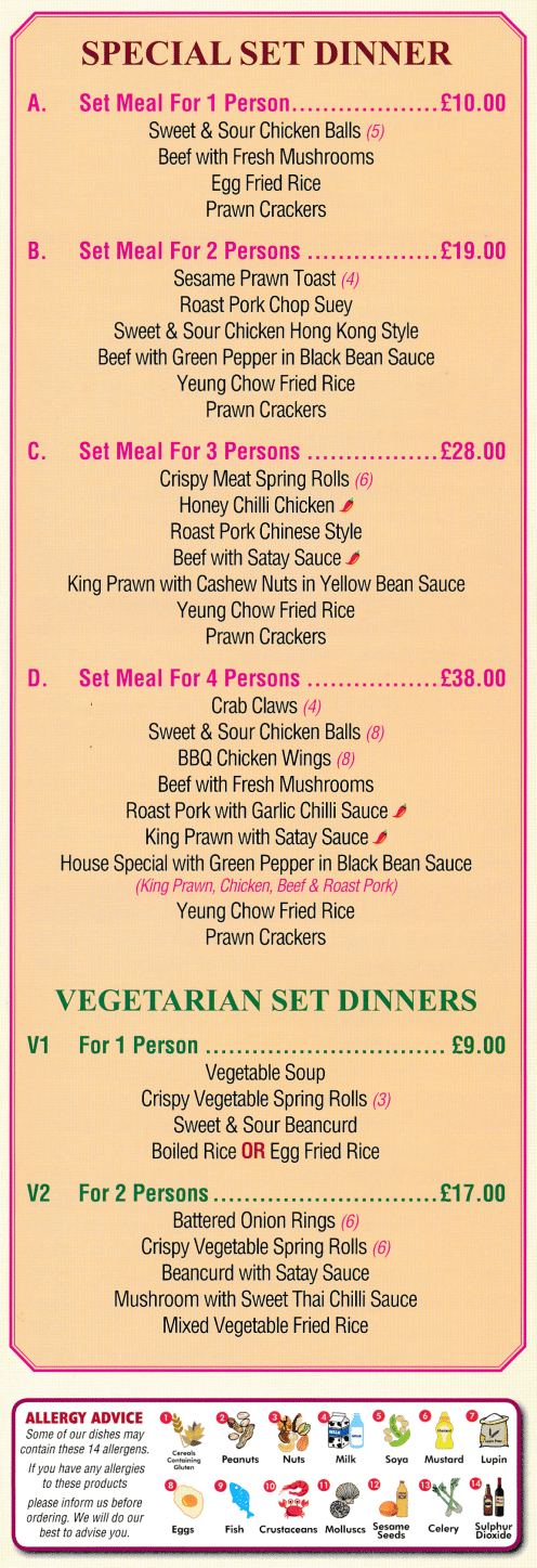 Menu for Hot Wok Chinese takeaway in Beeston near Nottingham