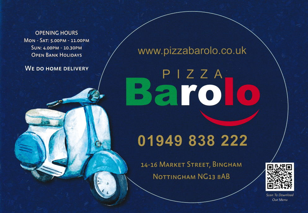 Menu for Pizza Barolo on Market Street in Bingham, Nottinghamshire NG13 8AB
