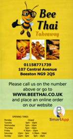 Menu for Bee Thai takeaway in Beeston near Nottingham
