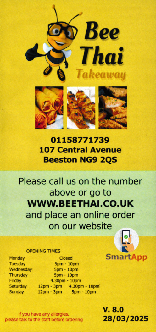 Menu for Bee Thai in Beeston. Thai food takeaway and delivery on Central Avenue.