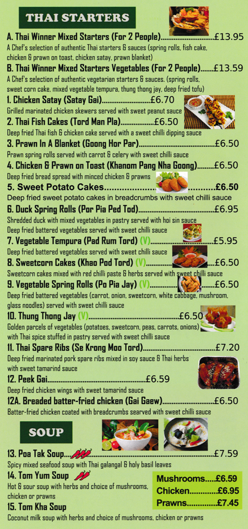 Menu for Bee Thai in Beeston - dishes include; Breaded batter-fried Chicken (Gai Gaew), Vegetable Tempura, Thai Fish Cakes (Tord Man Pla), Chicken and Prawn on Toast (Khanom Pang Nha Goong), Chicken Satay (Satay Gai)..