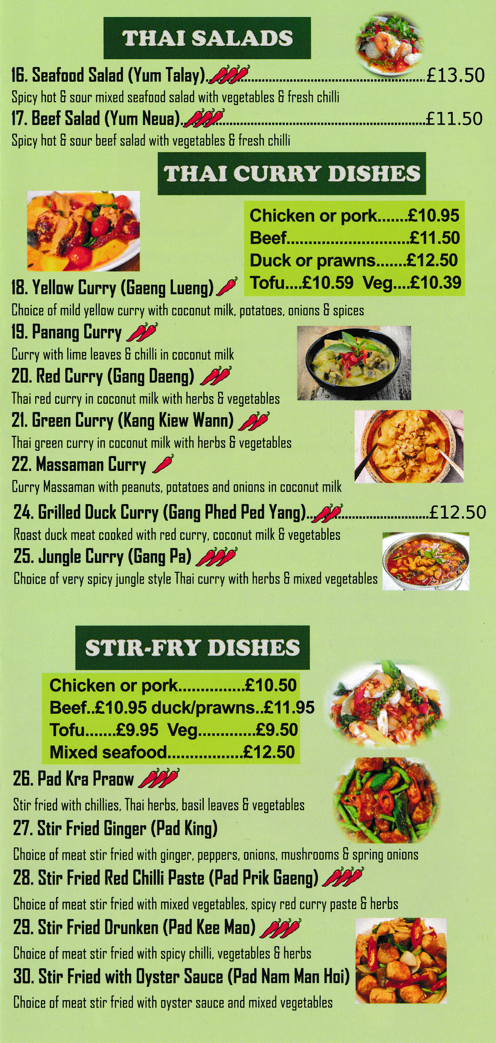 Menu for Bee Thai in Beeston - dishes include; Jungle Curry, Grilled Duck Curry, Panang Curry, Yellow Curry, Green Curry, Beef Salad, Red Curry, Pad Kra Praow..