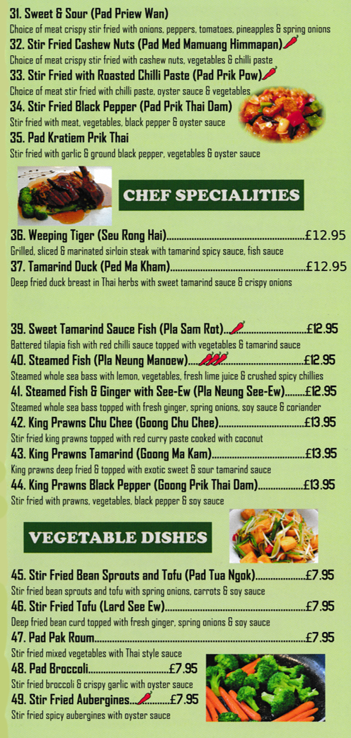 Menu for Bee Thai in Beeston - dishes include; Weeping Tiger, King Prawns Tamarind, Pad Kratiem Prik Thai, Sweet & Sour, Tamarind Duck, Pad Pak Roum, Stir Fried Tofu..