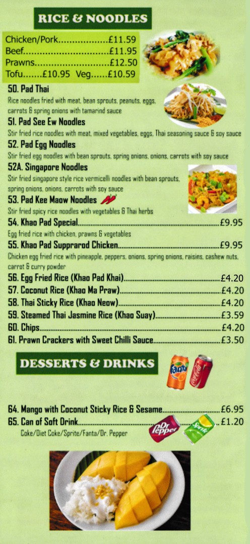 Menu for Bee Thai in Beeston - dishes include; Pad Thai, Singapore Noodles, Khao Pad Special, Steamed Thai Jasmine Rice, Pad See Ew Noodles..