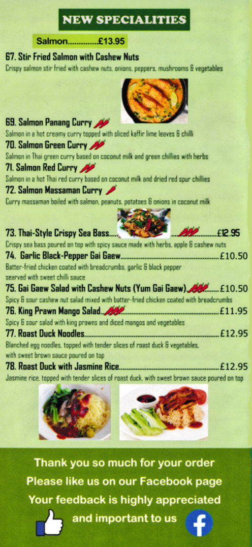 Menu for Bee Thai in Beeston - dishes include; Salmon Red Curry, Thai Style Crispy Sea Bass, Salmon Massaman Curry, Roast Duck with Jasmine Rice..
