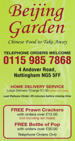 Menu for Beijing Garden Chinese food takeaway on Andover Road, Nottingham NG5 5FF